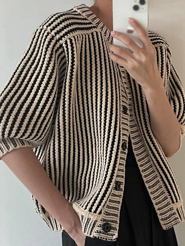 Getadme O-Neck Half Puff Sleeve Knitted Sweater Women Tops  New Japan Fashion Autumn Winter Clothes Stripe Pattern Cardigan Verlena